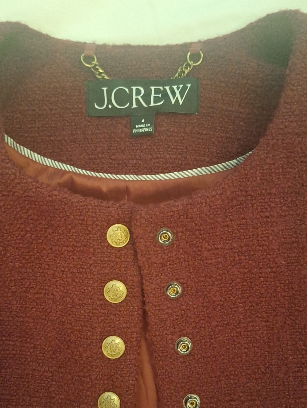 J.CREW Burgundy Bouclé Jacket with Gold Crest Buttons